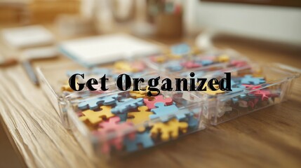 Encouraging text "Get Organized" overlaying a soft-focus office space, used for promoting time management and workflow tips.
