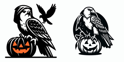 Naklejka premium Falcon wear ghost costume and sitting on jack o pumpkin. Halloween Witch Bat Spooky Scary Clipart Line Art Vector Illustration. Bird in phantom garb atop carved gourd festive autumn scene.