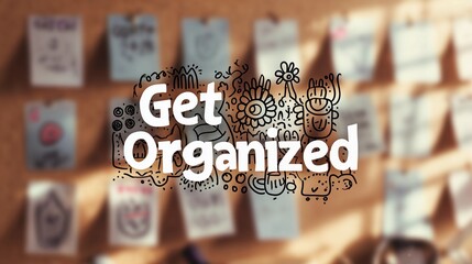 Encouraging text "Get Organized" overlaying a soft-focus office space, used for promoting time management and workflow tips.
