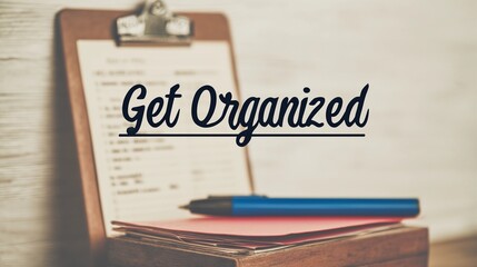 Encouraging text "Get Organized" overlaying a soft-focus office space, used for promoting time management and workflow tips.