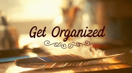 Encouraging text "Get Organized" overlaying a soft-focus office space, used for promoting time management and workflow tips.