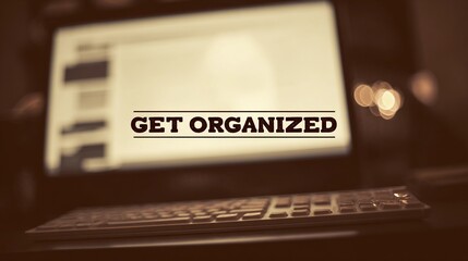Encouraging text "Get Organized" overlaying a soft-focus office space, used for promoting time management and workflow tips.