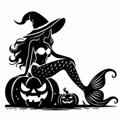 Mermaid wear ghost costume and sitting on jack o pumpkin. Halloween Witch Bat Spooky Scary Clipart Line Art Vector Illustration. Sea maiden don spirit apparel atop carved gourd image.