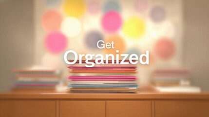 Encouraging text "Get Organized" overlaying a soft-focus office space, used for promoting time management and workflow tips.