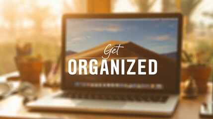 Encouraging text "Get Organized" overlaying a soft-focus office space, used for promoting time management and workflow tips.