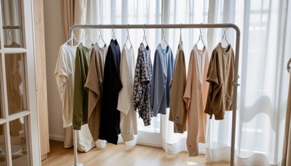 Modern clothing rack with diverse casual and trendy garments hanging in a bright well-lit room with wooden floor and large for home or boutique display
