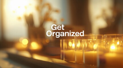 Encouraging text "Get Organized" overlaying a soft-focus office space, used for promoting time management and workflow tips.