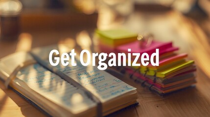 Encouraging text "Get Organized" overlaying a soft-focus office space, used for promoting time management and workflow tips.