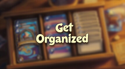 Encouraging text "Get Organized" overlaying a soft-focus office space, used for promoting time management and workflow tips.
