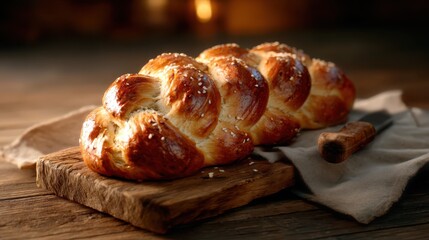 A freshly baked braided loaf sits on a wooden board, emanating warmth and inviting aromas, perfect for illustrating the art of baking and culinary craftsmanship.