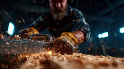 A dedicated craftsman works with a saw, creating wood shavings that dance in the air, capturing the essence of craftsmanship in a rustic workshop setting.