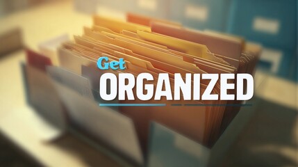 Encouraging text "Get Organized" overlaying a soft-focus office space, used for promoting time management and workflow tips.