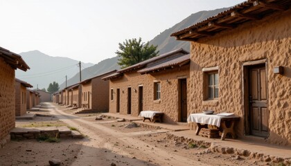 Traditional rural village with earthen houses and dirt pathways amidst mountainous landscape showcasing rustic architecture and natural environment