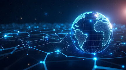 Digital globe connected by glowing lines and nodes in a starry night sky