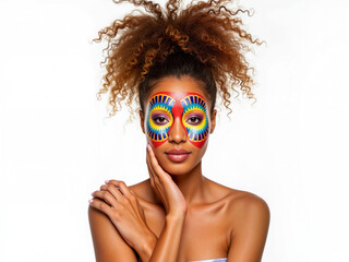 Woman with colorful face paint posing with hand on chin   isolated white background