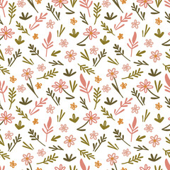 A seamless pattern of various flowers and leaves in soft pink, orange, and green colors on a white background. Ideal for fabric or wallpaper design.