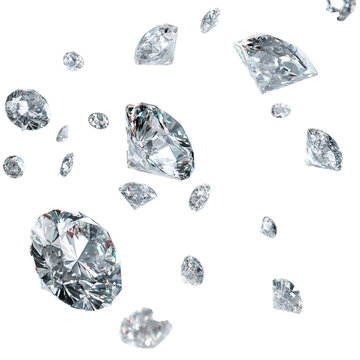 Luxury Diamonds Falling: Sparkling, Brilliant Cut Gems on white Background; High-Resolution 3D Render for Advertising, Jewelry, and Luxury Branding.