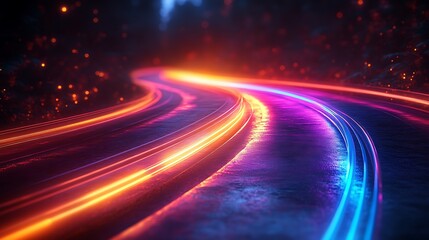 Colorful light trails winding path