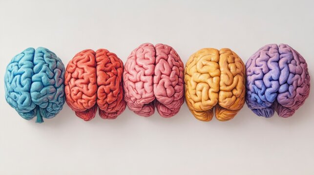 Five colorful brain models arranged in a row on a white background. (1)