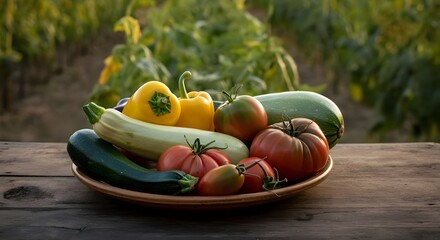 Estate, verdure ed ortaggi di stagione per dieta sana e mediterranea: peperoni, cetrioli, pomodori e zucchine