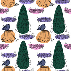 A seamless pattern featuring green trees, purple flowers, and a small bird perched on a tree stump. The design is colorful and nature-inspired.