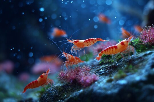 A group of orange and red striped shrimp swimming in an aquarium with plants and bubbles in blue water