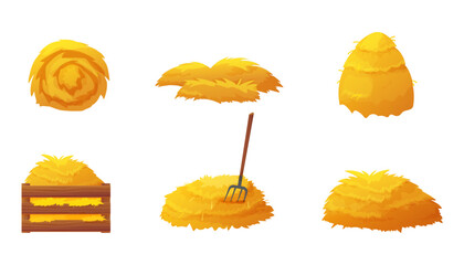 Set of hay and straw clipart. Includes flat farm piles, isolated bales, grass stacks, wooden box, rake, and sack. Perfect for village scenes, agriculture projects, and rural icons.