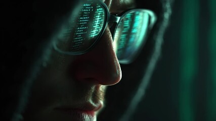 In a dimly lit room, a shadowy figure intently analyzes bright green code on digital screens. The intense focus in their glasses reveals a world of secrets and technology. - Powered by Adobe