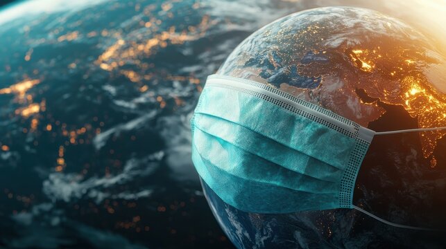 A globe wearing a medical mask symbolizes global health concerns, particularly during the pandemic, highlighting the intersection of humanity and nature.