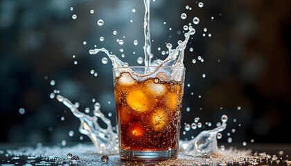 Refreshing Glass of Cold Soda with Ice Cubes and Splash Effect in Dark Background