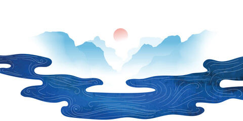 Luxury oriental river background vector. Chinese and Japanese wallpaper pattern design of sea wave, watercolor, mountain, line art. Design illustration for decoration, wall decor, banner, interior.