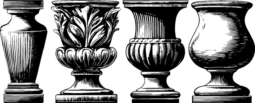 Elegant neoclassical pedestal urns with anthemion carvings for decorative design
