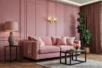 Blurry photo of a living room sofa with a modern theme, colorful, there is a small pot of flowers, the sofa background is blurry.