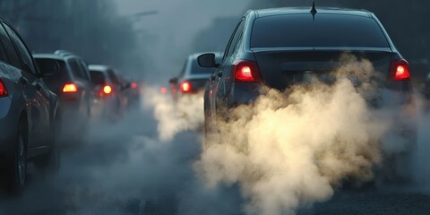 Traffic jam with vehicles emitting smoke in a foggy urban environment, highlighting pollution and congestion.