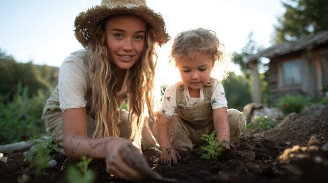 A heartwarming scene of a young woman and her child happily planting vegetables in a sunlit garden, symbolizing nurturing, growth, and the joy of familial bonding.