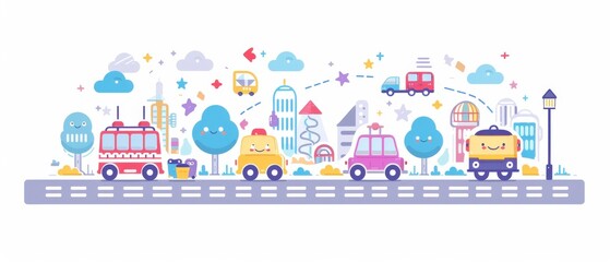 Obraz premium A flat design transportation scene shows cute vehicle characters on a simple road with geometric cloud shapes.