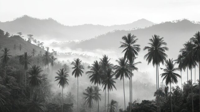 Misty mountain range with palm trees