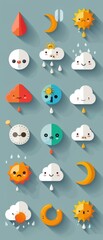 Flat design weather icons with cute faces, simple geometric shapes, minimal detail work, solid color palette shadows forming a pattern on a light blue background.