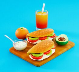 Healthy dinner with tacos, avocado, white sauce and orange juice on Blue Background - 3D Illustration