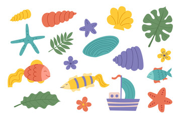 Set of summer beach objects. Collection of shells, fishes, stars, leaves. Vector flat cliparts.	