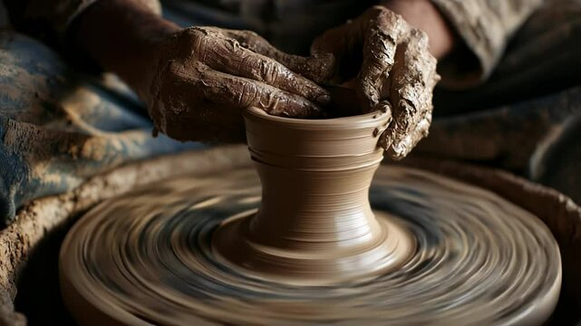 Hands skillfully shape moist clay on a spinning wheel, transforming it into a beautiful vessel. The ambiance is filled with earthy aromas and creativity.