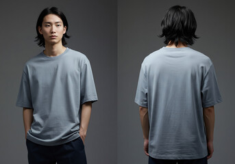 Oversize grey T-shirt mockup front and back view on a male model