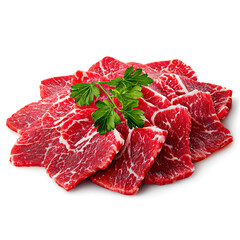 Raw beef steak with rosemary on white background showing fresh red meat and fat layers