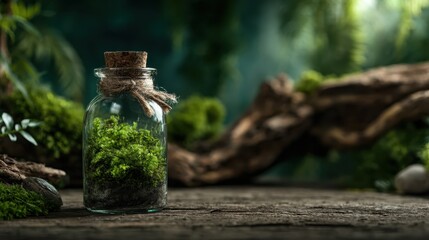 A glass jar holds a miniature moss garden, capturing the beauty of nature in a terrarium, illustrating the harmony between natural elements and artistic design.