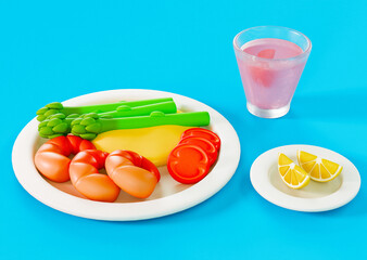 Asian dinner with shrimps, tomatoes, tomatoes and asparagus on Blue Background - 3D Illustration