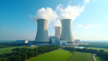 Fototapeta premium Nuclear Power Plant with Emissions Under Clear Sky