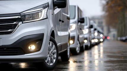 Silver vans lined up on a wet city street on a rainy day