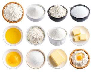 Flour, eggs, and milk arranged on a wooden table, ready for baking.