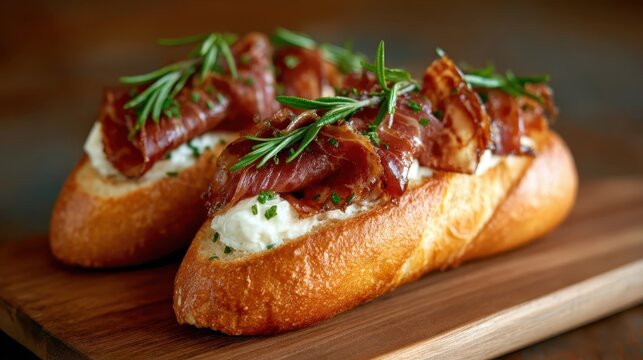 Artfully styled bread rolls topped with prosciutto and fresh herbs, showcasing gourmet presentation and delicious flavors, perfect for an elegant culinary experience.