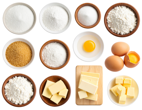 Flour, eggs, and milk arranged on a wooden table, ready for baking.